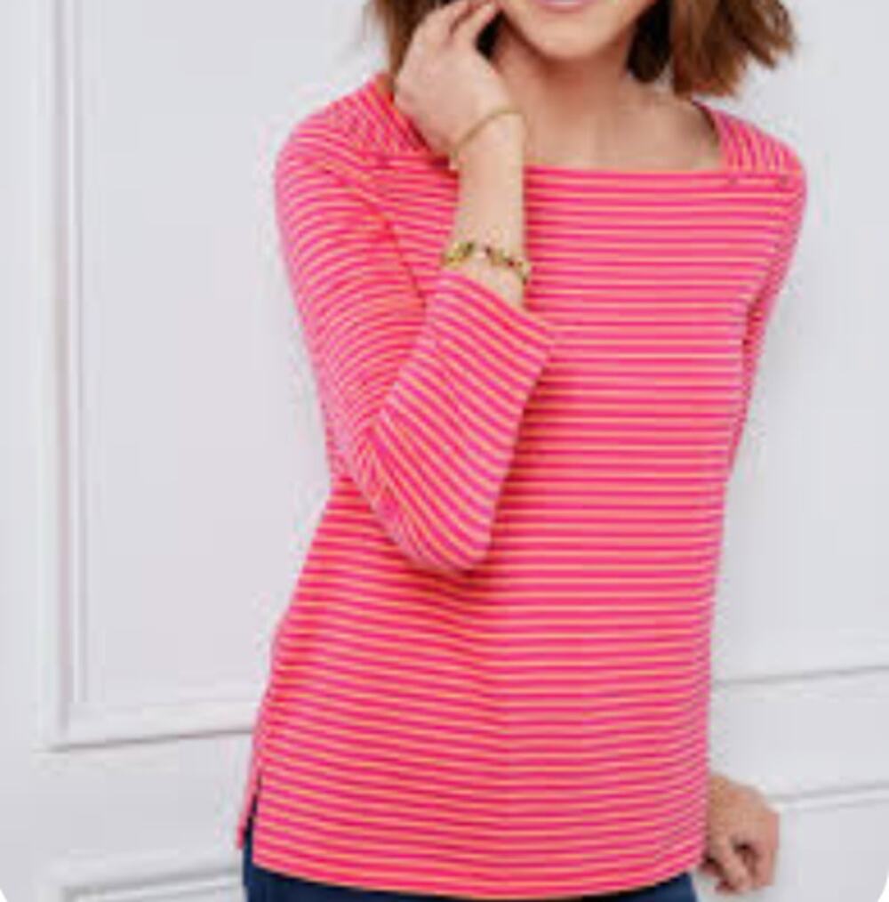 Talbots Square Neck Button Striped Top Pink 3/4 Sleeve Coastal Knit Size Large L